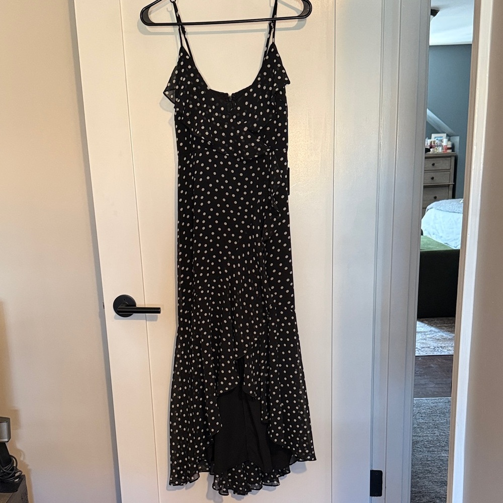 Express Black Dress with White Polka Dots — High-Low Hem